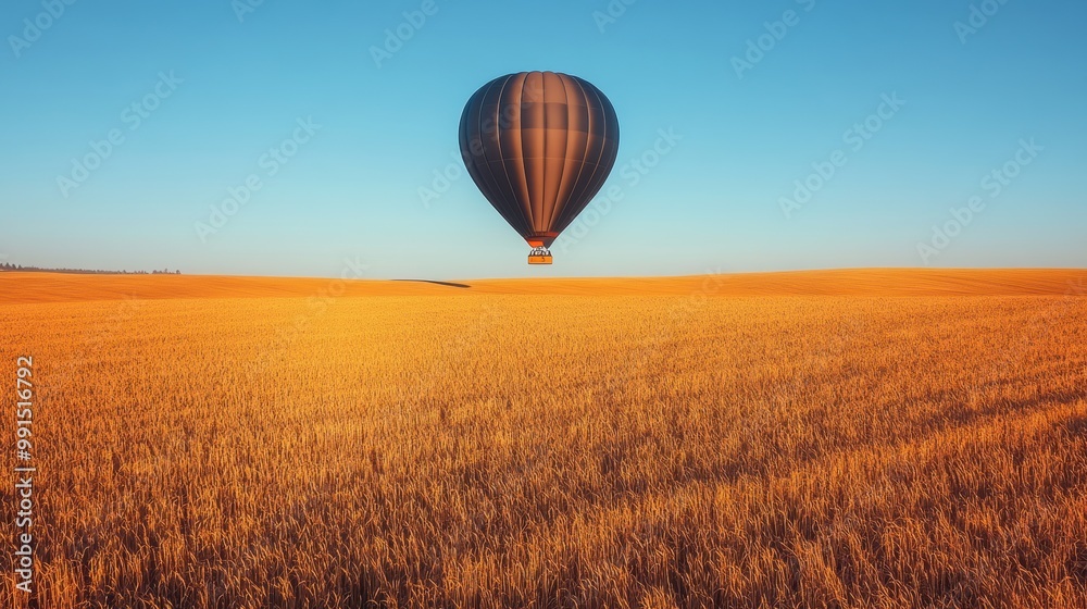 Obraz premium Hot air balloon soaring above golden fields under a blue sky.