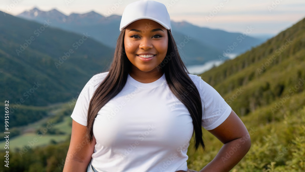 Naklejka premium Plus size young black woman wearing white t-shirt and white baseball cap standing on a mountain