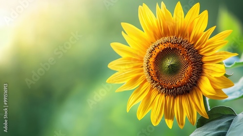 Close-up of a sunflower with its vibrant petals and a soft-focus green background, leaving plenty of space on the left for advertising.