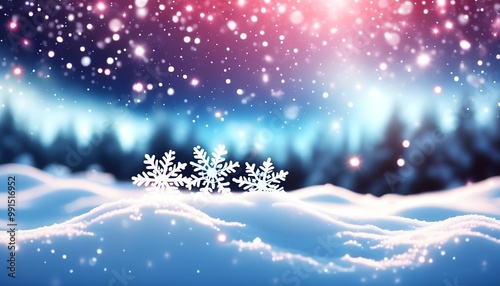 Holiday Snowflakes gently falling on a snowy landscape with twinkling lights in the distance. Made with Generative AI Technology