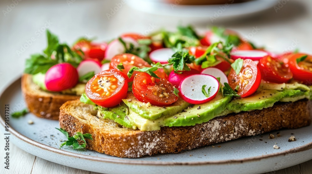 Close-up of a tasty avocado toast sandwich with cherry tomatoes and radishes, garnished with herbs on a light wooden table. Close-up of a tasty avocado toast sandwich with cherry tomatoes and radishes, garnished with herbs on a light wooden table.