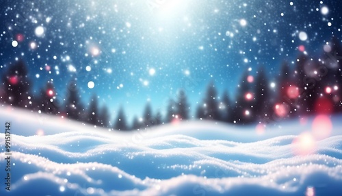 Holiday Snowflakes gently falling on a snowy landscape with twinkling lights in the distance. Made with Generative AI Technology