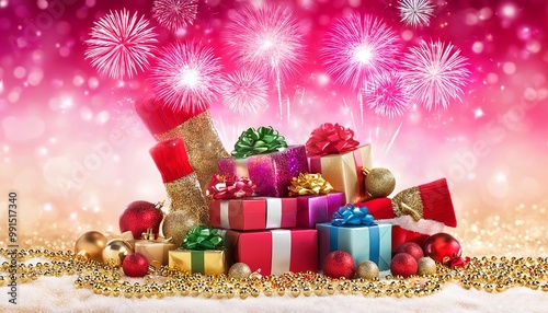 Holiday Stocking Stuffers with small gifts and festive decorations. Made with Generative AI Technology