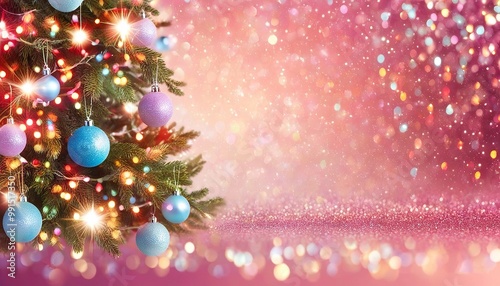 Holiday Tree Decorations with glittering ornaments and a backdrop of twinkling lights. Made with Generative AI Technology