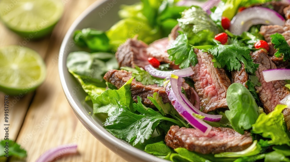 Close-up of a Thai beef salad with mixed greens, red onions, and a zesty lime dressing, arranged on a light wooden table. Close-up of a Thai beef salad with mixed greens, red onions, and a zesty lime dressing, arranged on a light wooden table.