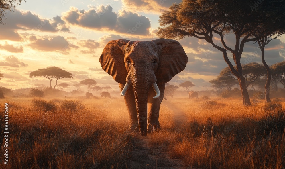 Obraz premium Elephant walks through savanna at sunset.