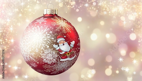 Red and Gold Glittering Snow Globe with Santa, softly blurred festive backdrop, with shimmering stars and glowing bokeh lights adding to the Christmas magic. Made with Generative AI Technology