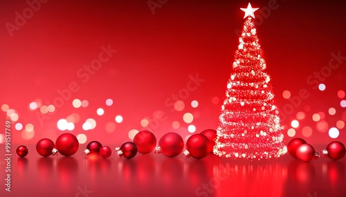 Red Christmas Tree with White Star and Baubles Glowing Softly in a Festive Bokeh Background, Accented with Glittering Red in a Warm, Wintry Scene. Made with Generative AI Technology