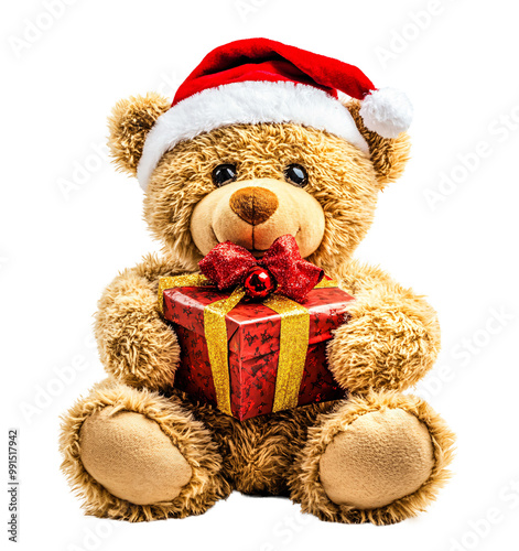 a teddy bear wearing a santa hat holding a present photo