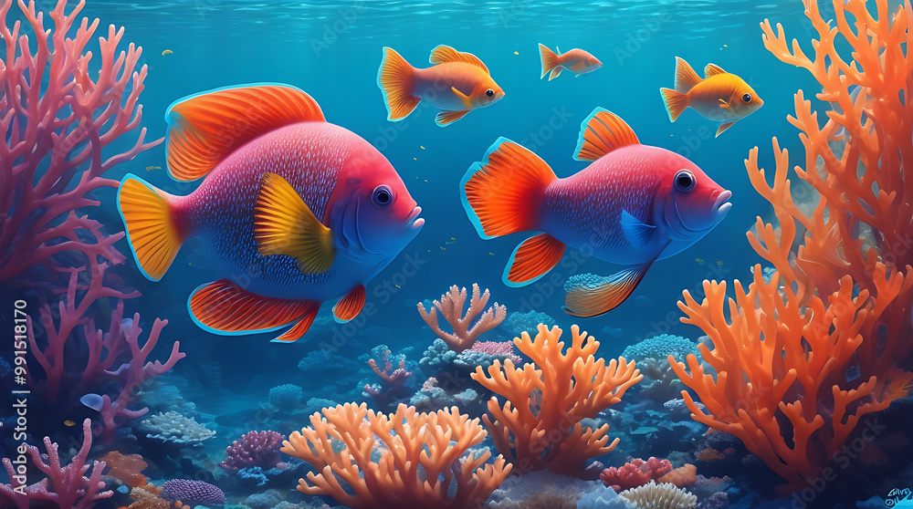 Fototapeta premium High quality cute fishes near coral reef with colorful underwater illustration background design.
