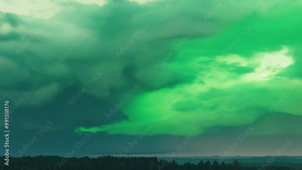 The sky displays vibrant green tones amidst thick clouds, casting a mystical glow over the peaceful countryside as twilight approaches, enhancing the enchanting scenery The sky displays vibrant green tones amidst thick clouds, casting a mystical glow over the peaceful countryside as twilight approaches, enhancing the enchanting scenery
