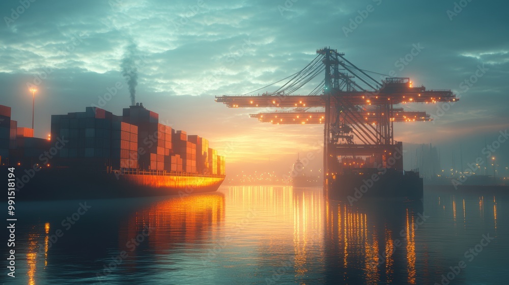 Fototapeta premium Container ship loading at dusk, vibrant reflections on water, industrial skyline.