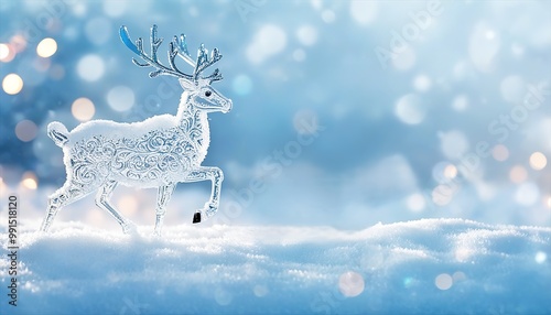 Reindeer made of snow on a snowy background and a glow from soft holiday lights. Made with Generative AI Technology