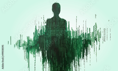 silhouette of an emerald man made from text arranged in vertical lines across