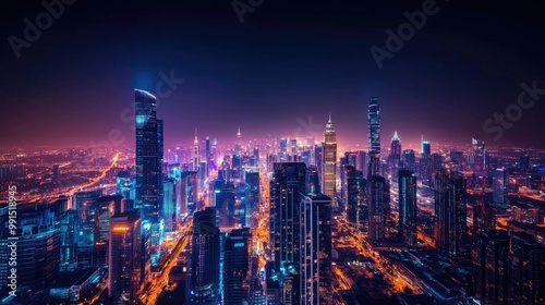 Wallpaper Mural A panoramic view of a city skyline at night, with illuminated skyscrapers creating a dazzling display against the dark sky, symbolizing urban vibrancy. Torontodigital.ca