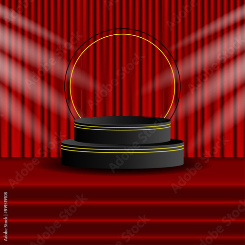 Luxury black gold podium on the stage, behind the red velvet backdrop and gold rings, side spot lights reflect. premium sales and offer template