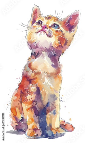 a colorful watercolor of a cartoon image of a baby cat, on a white background, sitting, cute, lovable, smiling