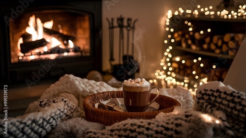 Cozy Living Room with Fireplace, Wool Blankets, and Hot Chocolate