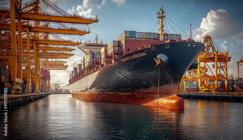 A Large Cargo Ship Docked at the Port Surrounded by Cranes 