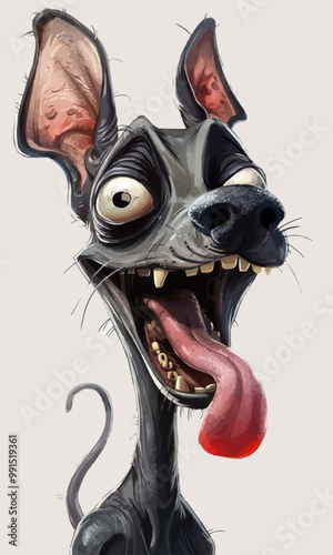 cartoon hairless dog head with bulging eyes extending beyond the eye sockets and elongated eye stalks, and with tongue sticking out of mouth showing a big grin