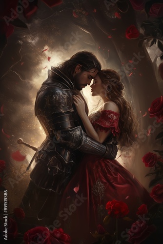 A medieval knight and a lady embrace tenderly amidst a backdrop of roses in a mystical forest