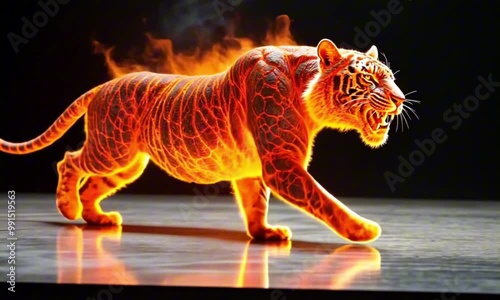 Fiery tiger walking fiercely against a dark background, intense mood, dramatic, fantasy art