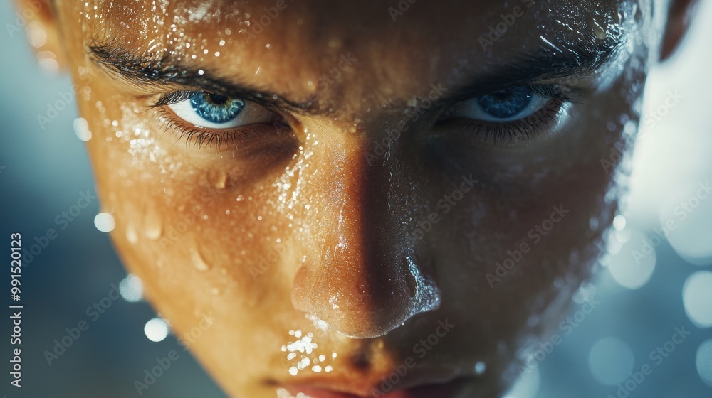 Intense close-up of a young person with water droplets on their face, determined expression.