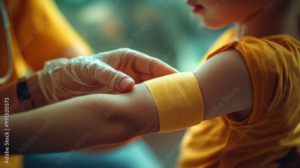 Obraz premium Child receiving a bandage on arm by a caregiver in a caring environment.