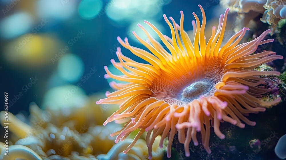 Close-up of a vibrant sea anemone with its tentacles fully extended, with a clean, blurred background providing ample copy space for text or branding. Close-up of a vibrant sea anemone with its tentacles fully extended, with a clean, blurred background providing ample copy space for text or branding.