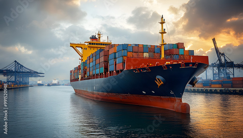 A Large Cargo Ship Docked at the Port Surrounded by Cranes 