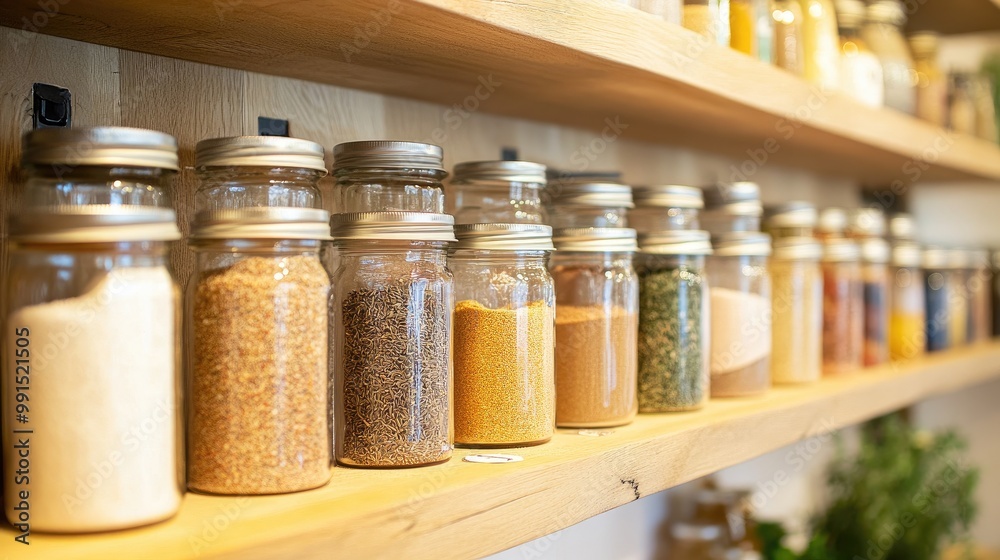 A picturesque kitchen scene with jars of various salts, spices, and herbs neatly organized on a shelf, capturing the essence of culinary creativity. A picturesque kitchen scene with jars of various salts, spices, and herbs neatly organized on a shelf, capturing the essence of culinary creativity.