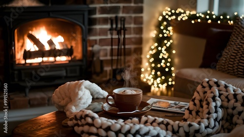 Cozy Living Room with Fireplace, Wool Blankets, and Hot Chocolate