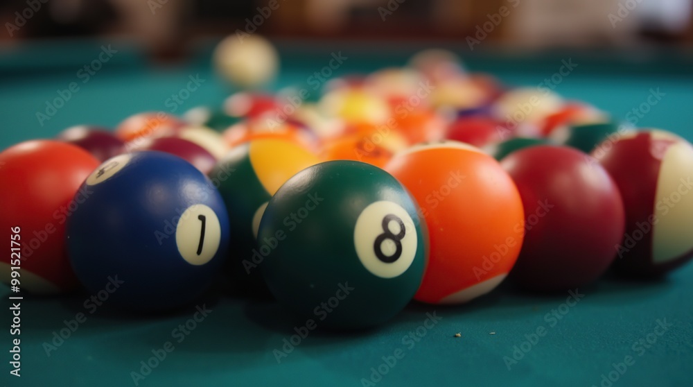 Colorful pool balls arranged on a billiard table close-up Colorful pool balls arranged on a billiard table close-up