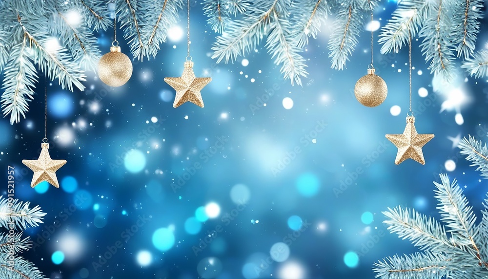 Shimmering Golden Star Ornament hangs from a snow-covered fir branch, glittering, abstract background of glowing lights & softly falling snowflakes on Christmas Eve. Made with Generative AI Technology Shimmering Golden Star Ornament hangs from a snow-covered fir branch, glittering, abstract background of glowing lights & softly falling snowflakes on Christmas Eve. Made with Generative AI Technology