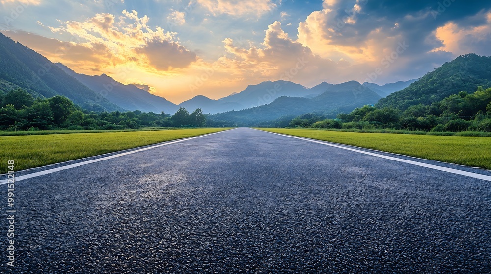 © The Little Hut - Asphalt road square and green mountain with sky clouds natural landscape at sunrise : Generative AI