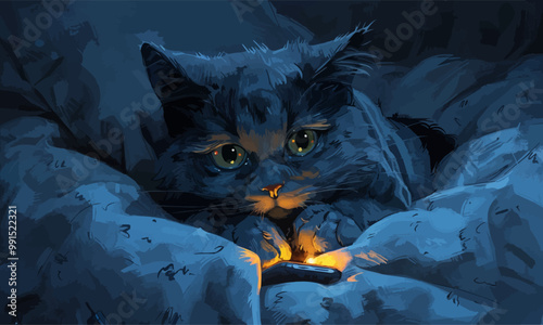 anthropomorphic gray blue cat, Wearing pajamas., Lying in bed looking at your phone, He didn't look awake,