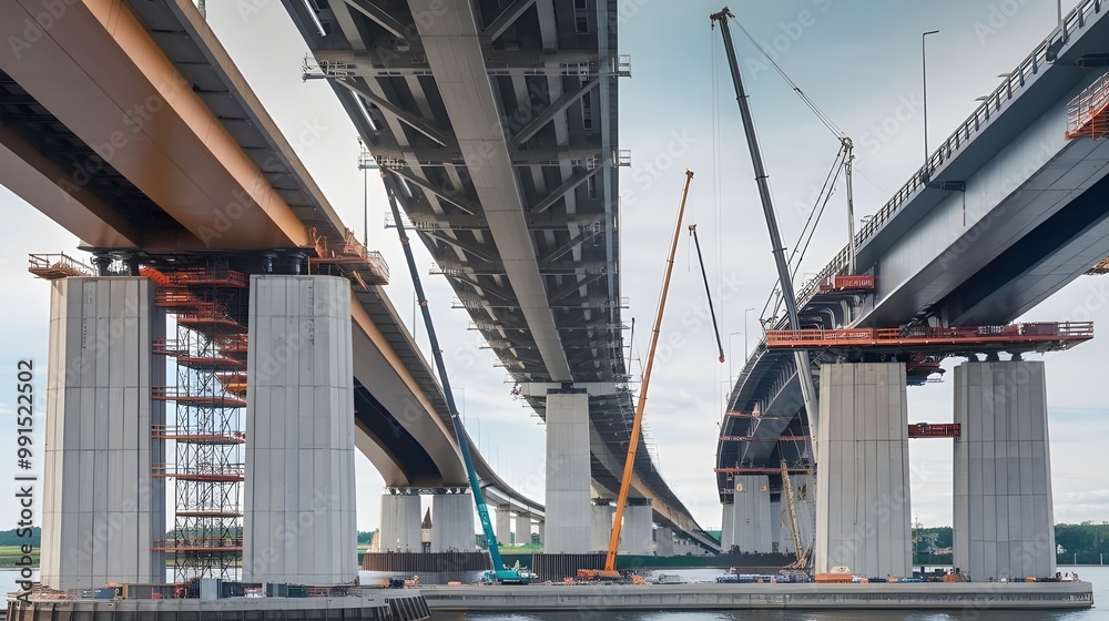 Fototapeta premium Bridge Construction with Cranes and Scaffolding