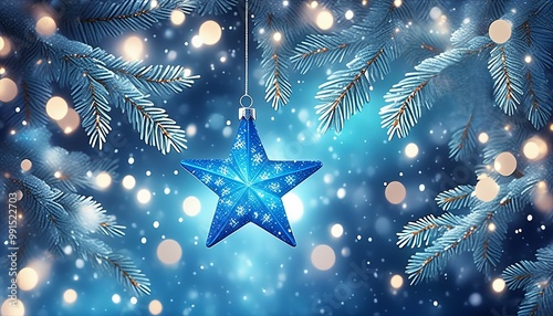 Shiny Blue Star Ornament hanging from a frosted fir branch, glowing softly amidst falling snowflakes, with a glittering background of silver twinkling lights. Made with Generative AI Technology