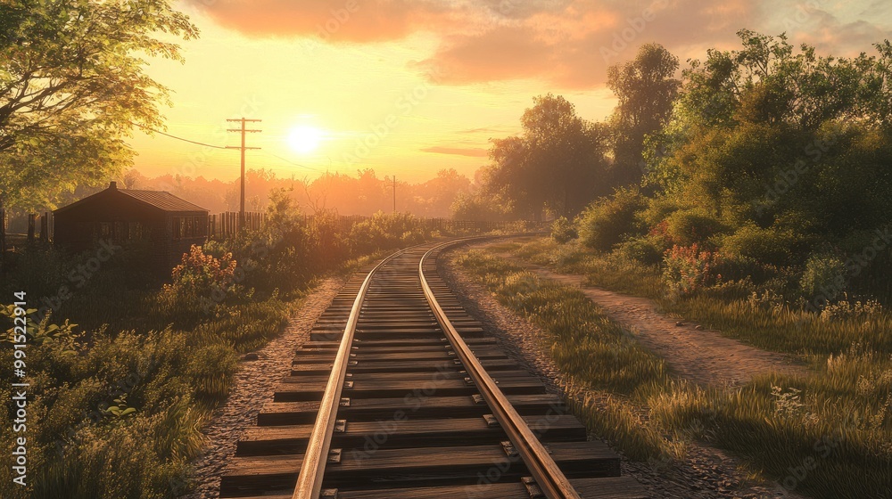 Obraz premium A quiet country scene with wooden train tracks leading into the sunset, capturing the tranquility and charm of rural railways.