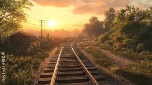 A quiet country scene with wooden train tracks leading into the sunset, capturing the tranquility and charm of rural railways.