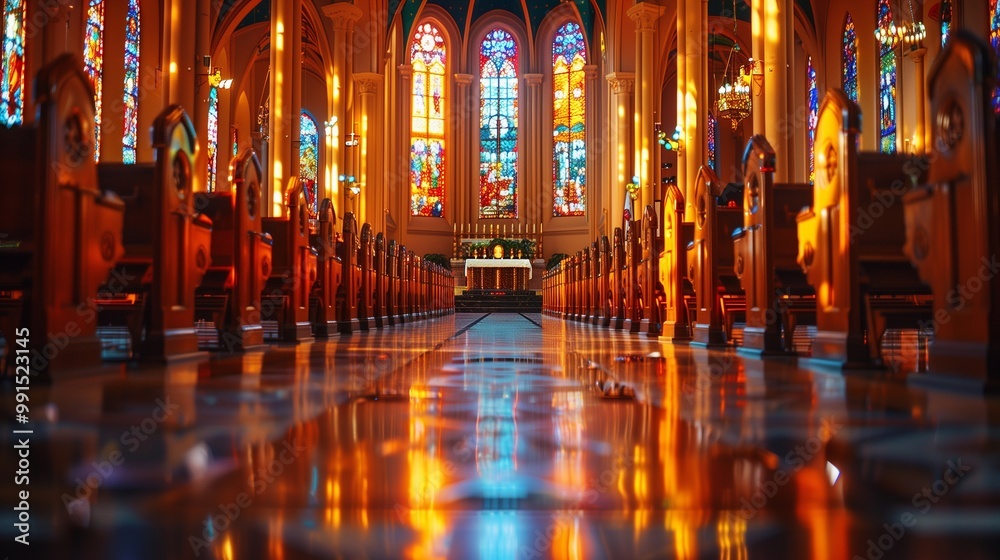 Obraz premium In a serene church, soft light illuminates the altar as a parishioner engages in a private moment of confession, reflecting deep spirituality