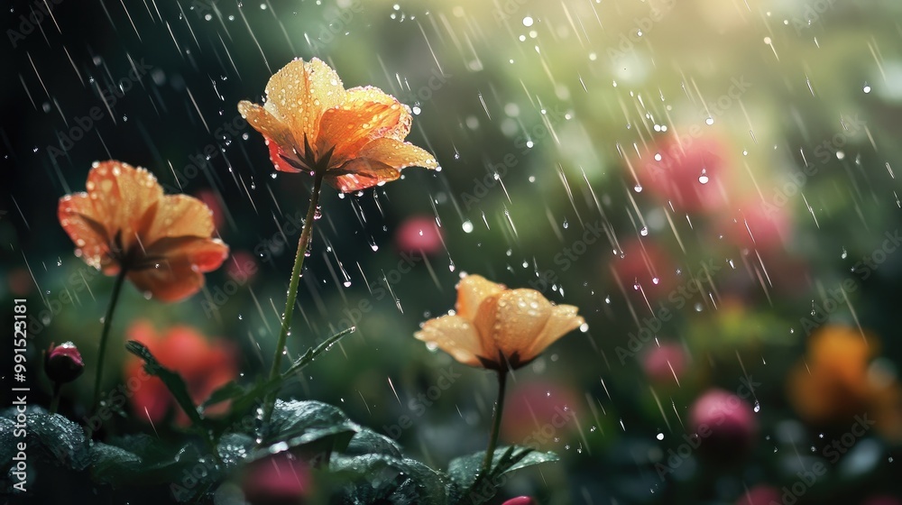 A rainy day scene with flowers in a garden, their petals adorned with sparkling droplets, creating a moody yet beautiful atmosphere in nature A rainy day scene with flowers in a garden, their petals adorned with sparkling droplets, creating a moody yet beautiful atmosphere in nature