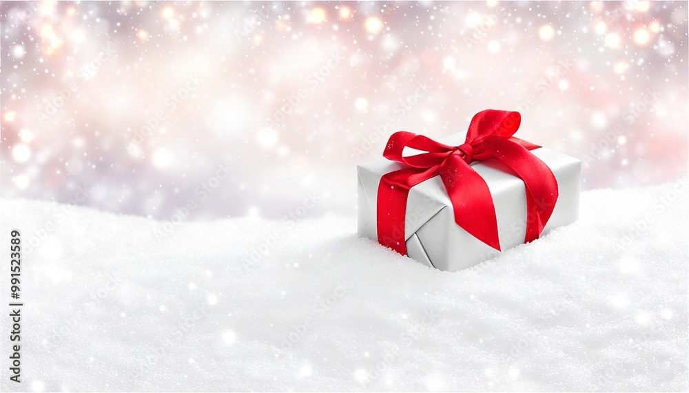 Shiny Red Ribbon Tied on a Gift Box resting in the snow, with softly falling snowflakes and softly glowing festive lights creating a magical holiday atmosphere. Made with Generative AI Technology