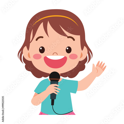 Cute little African girl singing a song with a microphone illustration
