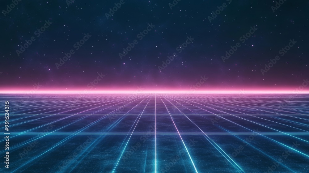 A futuristic landscape featuring a grid and vibrant neon lights under a starry sky, perfect for digital art and retro themes. A futuristic landscape featuring a grid and vibrant neon lights under a starry sky, perfect for digital art and retro themes.