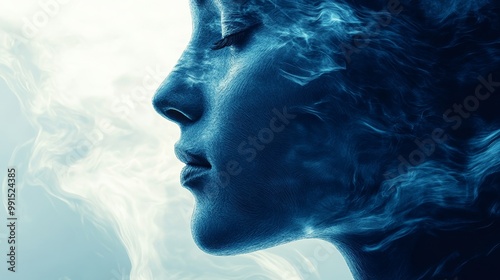 A woman's face is shown in a blue