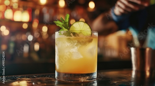 A refreshing cocktail being prepared with lime juice, garnished with fresh mint leaves and a slice of lime, set against a lively bar background.