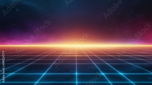 A stunning digital landscape featuring a vibrant sunset over a grid horizon, creating a futuristic and otherworldly atmosphere. photo