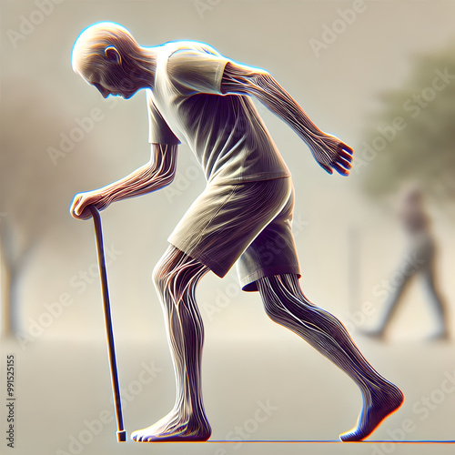 Image showing the early signs of Parkinson’s disease, such as slow movement (bradykinesia) and slight tremors. person walking slowly with reduced arm swing, capturing the initial, mild motor symptoms. photo