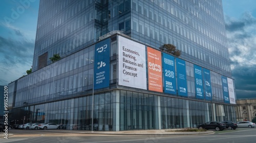 A fragment of a modern office building in the capital. The building has several floors and is made of glass, with a cloudy blue sky as the background. The exterior of the building contains several ban